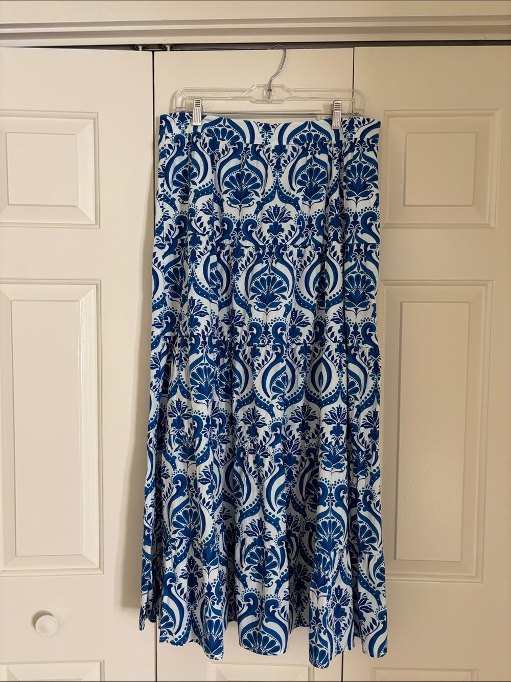 Boden Blue and White Printed Tiered Maxi Skirt